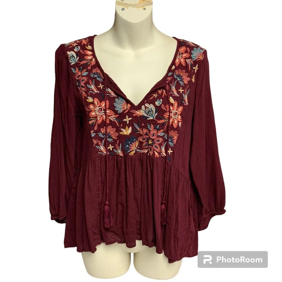 American Eagle Outfitters Tops - American Eagle Outfitters size small burgundy baby doll long sleeve top